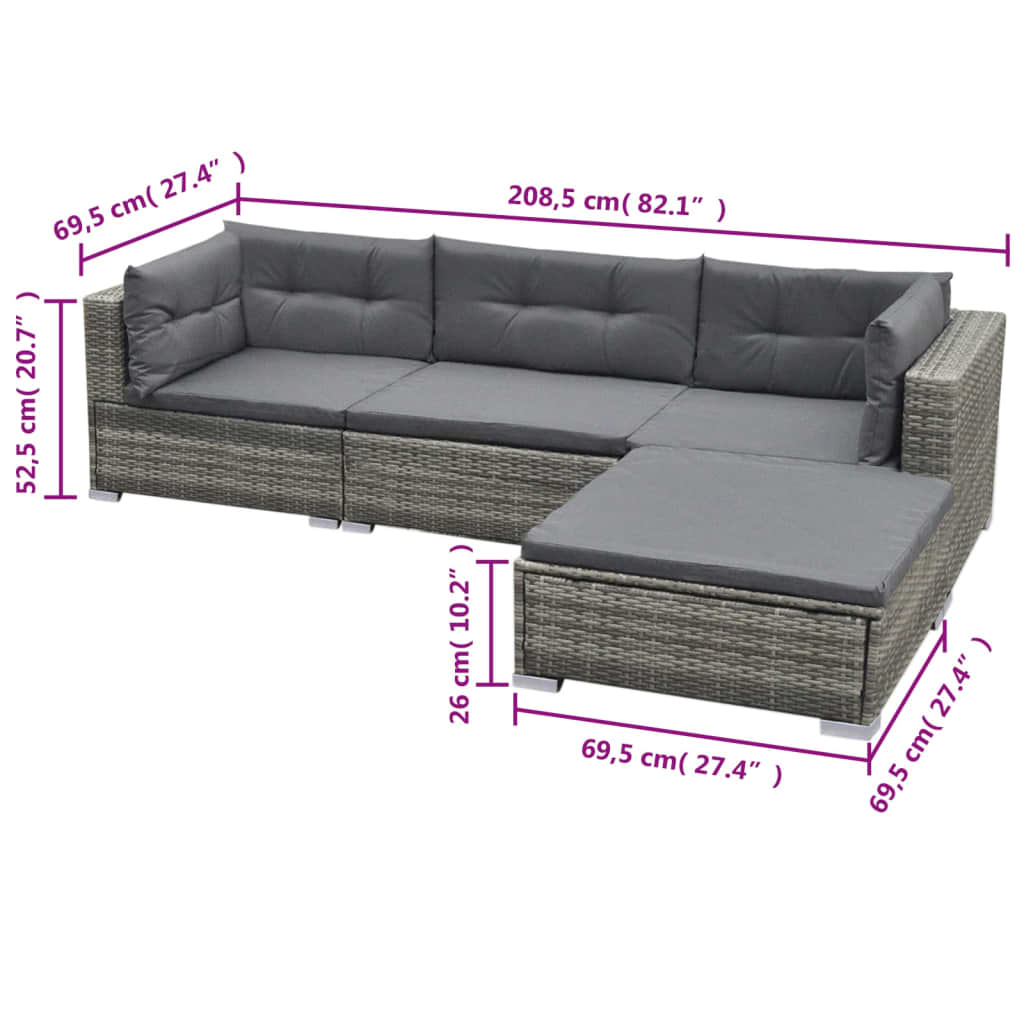 vidaXL Salon de jardin 5 pcs avec coussins résine tressée gris