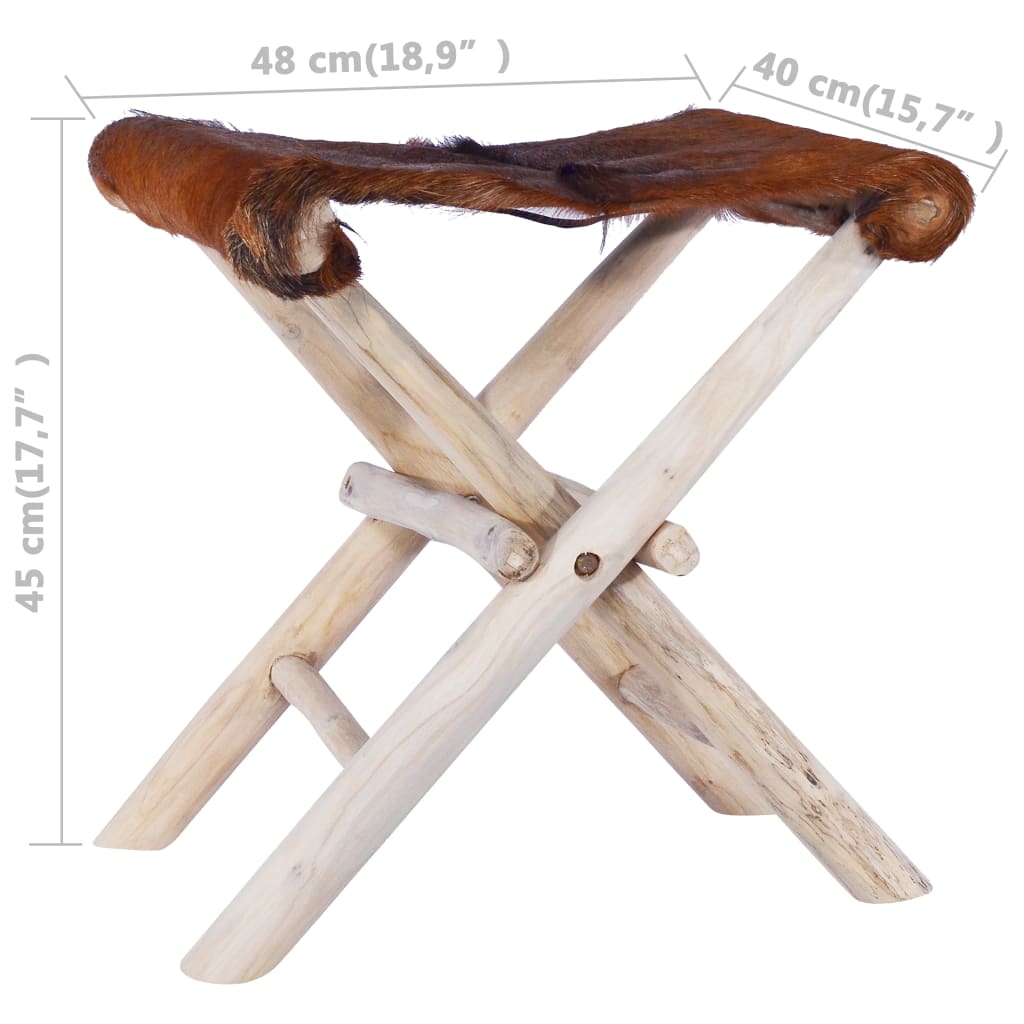 vidaXL Tabouret pliable Cuir véritable et bois de teck massif