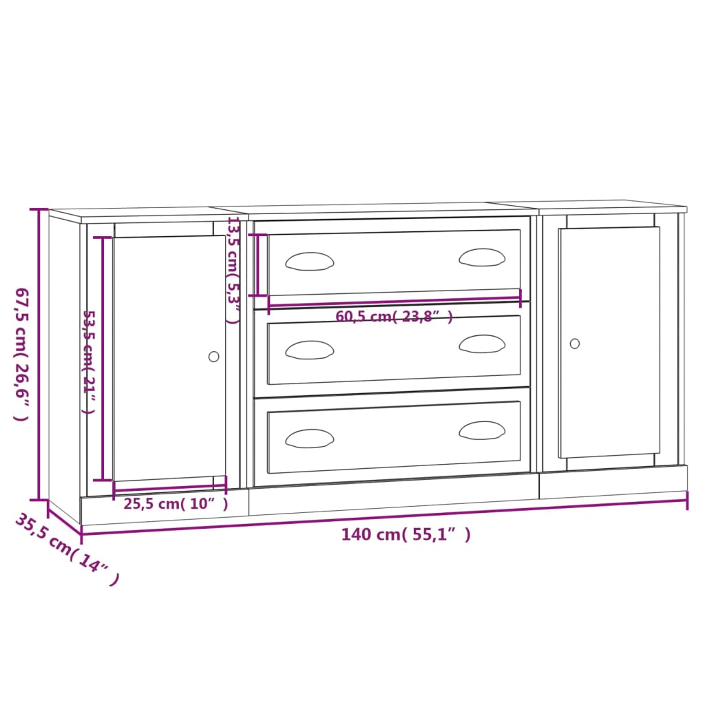 vidaXL Buffets 3 pcs noir bois d'ingénierie