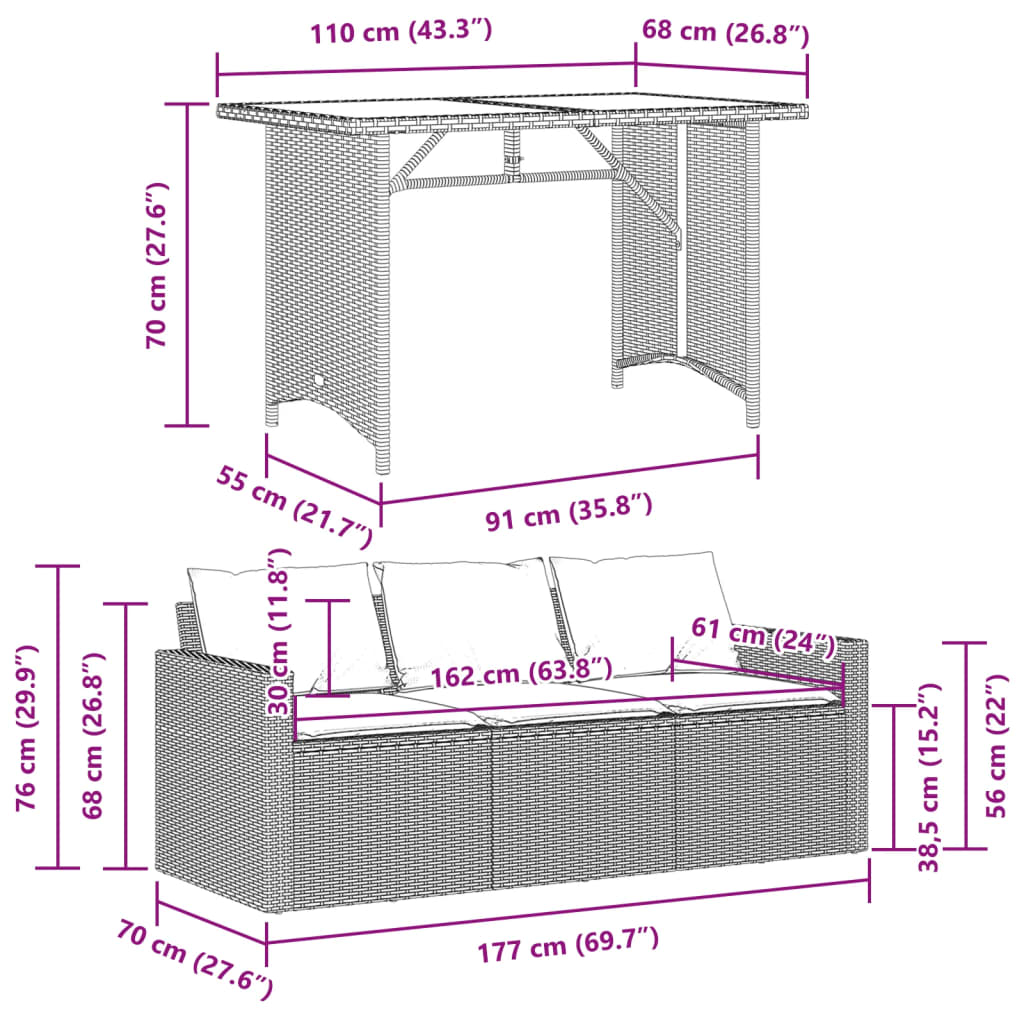 vidaXL Ensemble à manger de jardin coussins 2pcs noir résine tressée