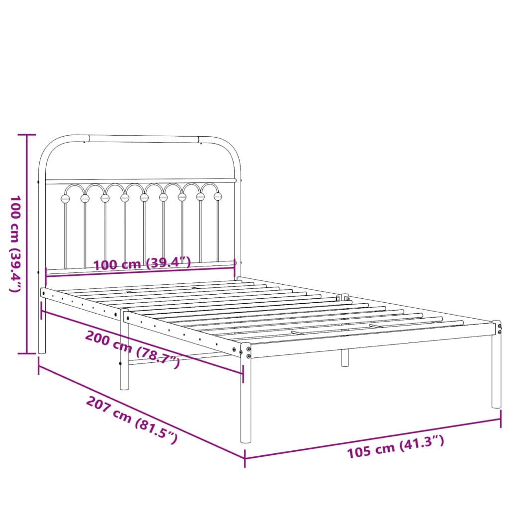 vidaXL Cadre de lit métal sans matelas avec tête de lit noir 100x200cm