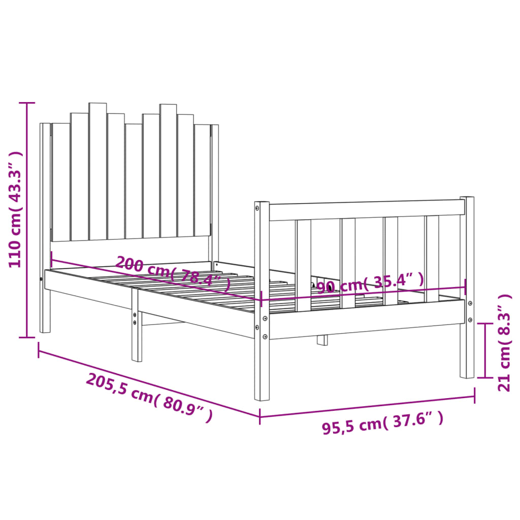 vidaXL Cadre de lit sans matelas noir 90x200 cm bois de pin massif