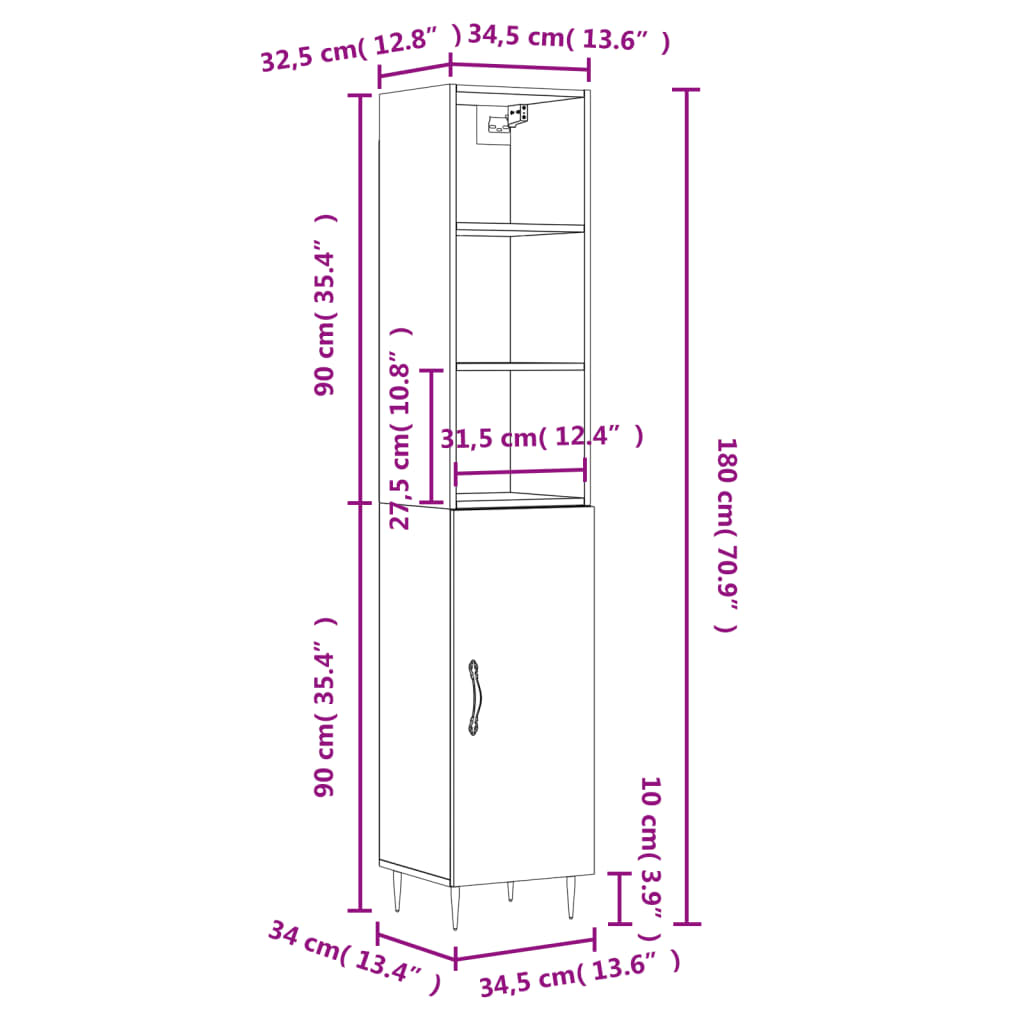 vidaXL Buffet haut Chêne sonoma 34,5x34x180 cm Bois d'ingénierie