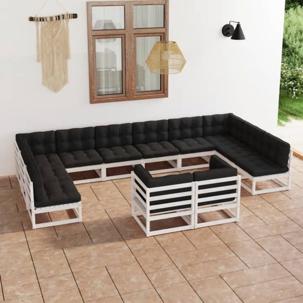 vidaXL Salon de jardin 12 pcs avec coussins Blanc Bois de pin massif