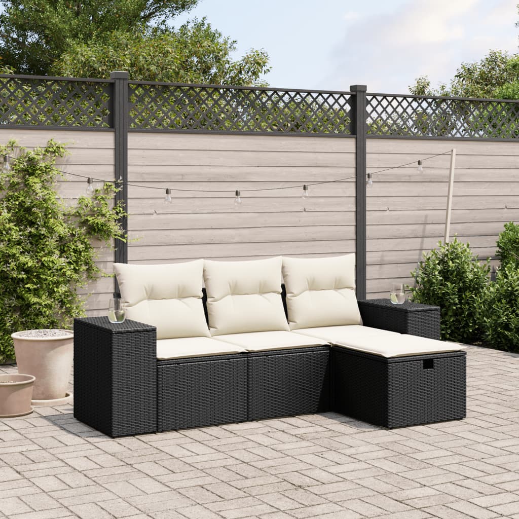 vidaXL Salon de jardin 4 pcs avec coussins noir résine tressée