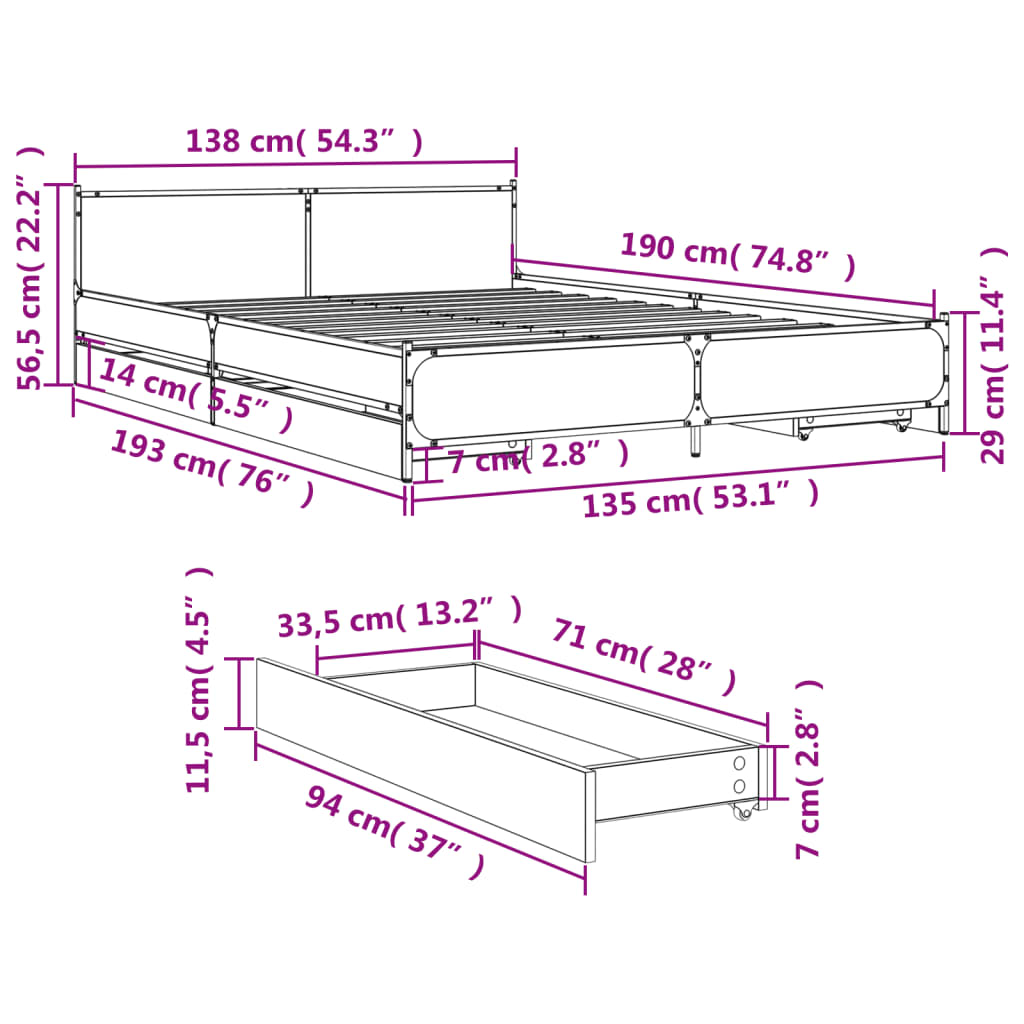 vidaXL Cadre de lit avec tiroirs sans matelas chêne marron 135x190 cm