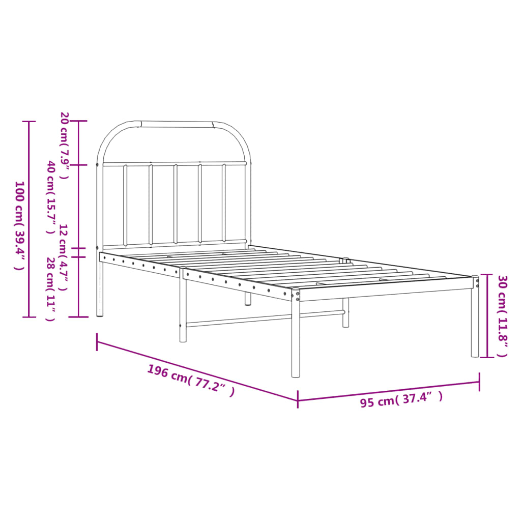 vidaXL Cadre de lit métal sans matelas avec tête de lit noir 90x190 cm