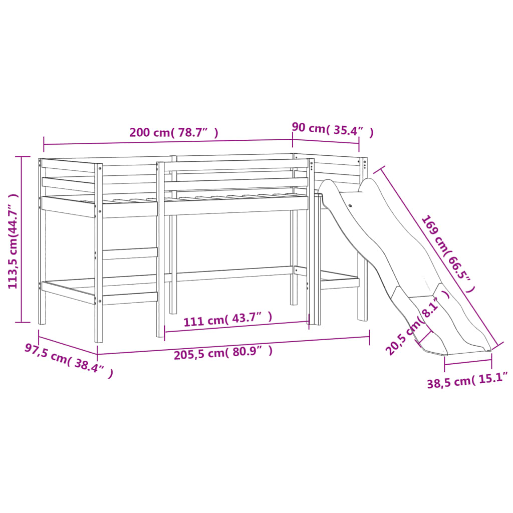 vidaXL Lit mezzanine enfants avec tunnel rose 90x200cm bois pin massif