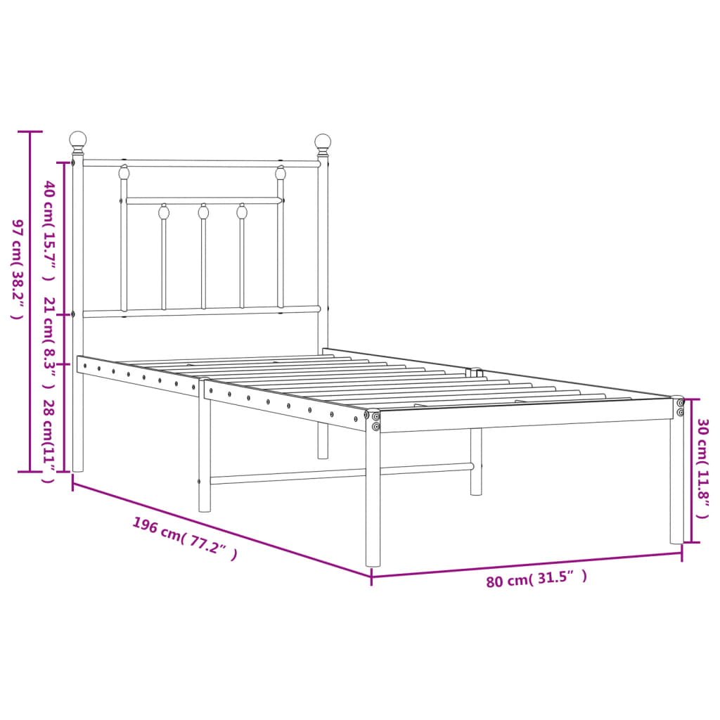 vidaXL Cadre de lit métal sans matelas avec tête de lit blanc 75x190cm