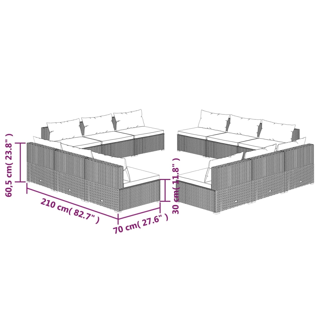 vidaXL Salon de jardin 12 pcs avec coussins résine tressée noir