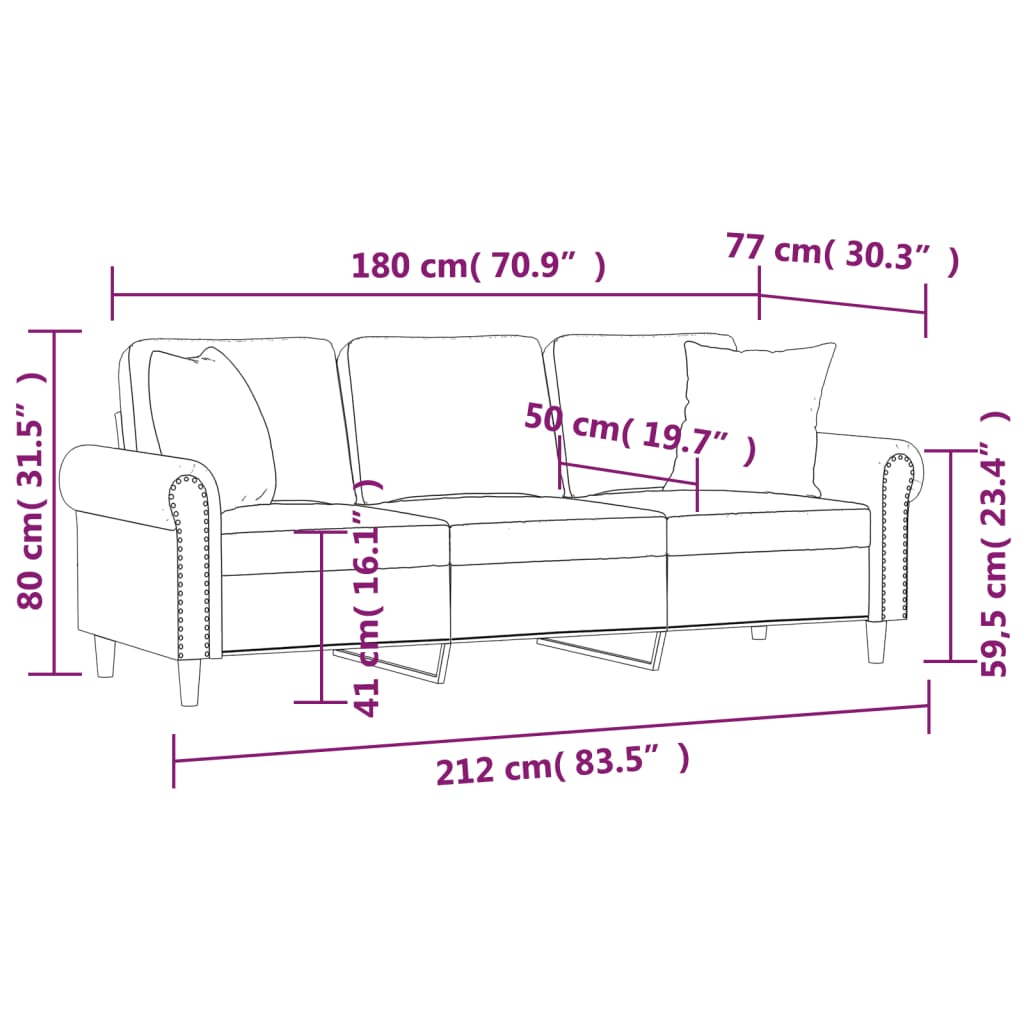 vidaXL Canapé 3 places avec oreillers décoratifs noir 180 cm velours