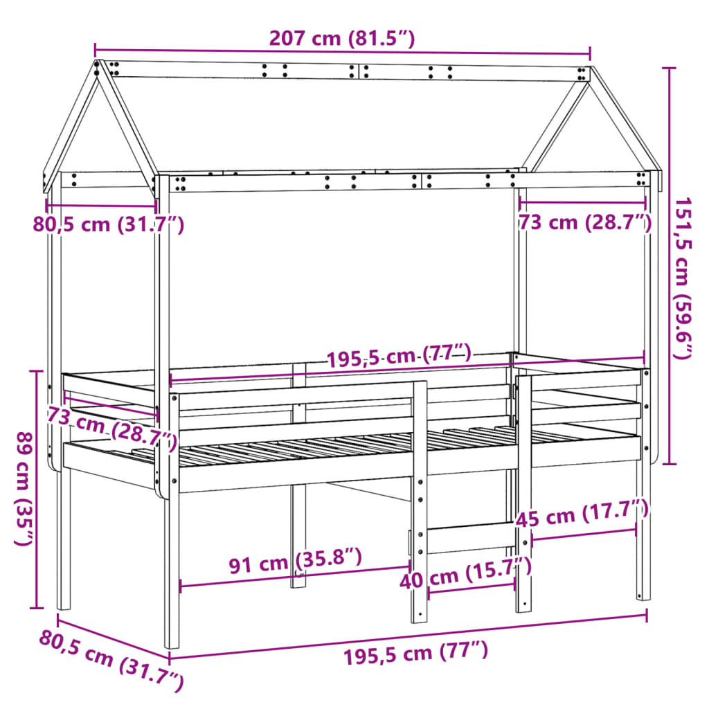 vidaXL Lit haut avec toit 75x190 cm bois de pin massif