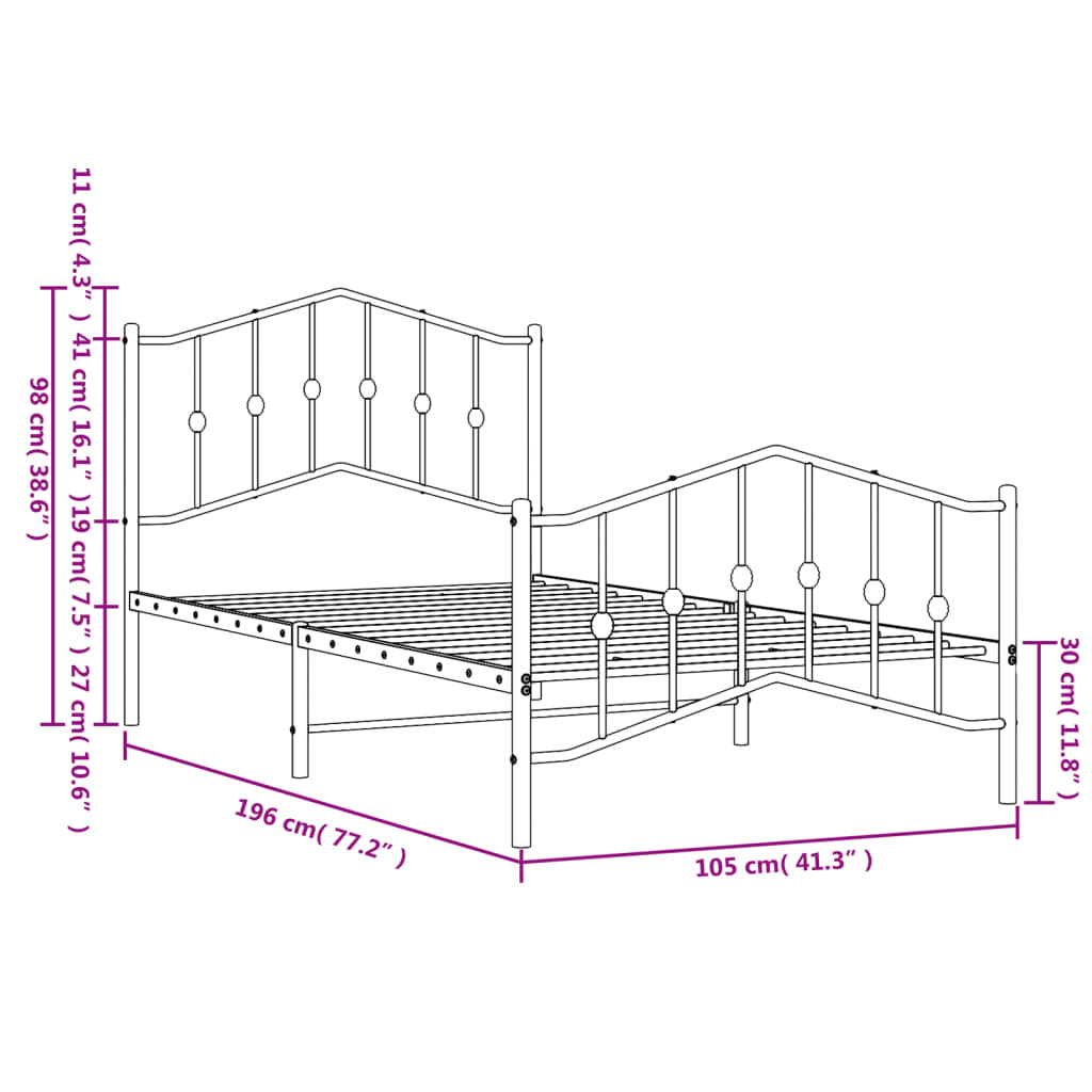 vidaXL Cadre de lit métal sans matelas et pied de lit blanc 100x190 cm