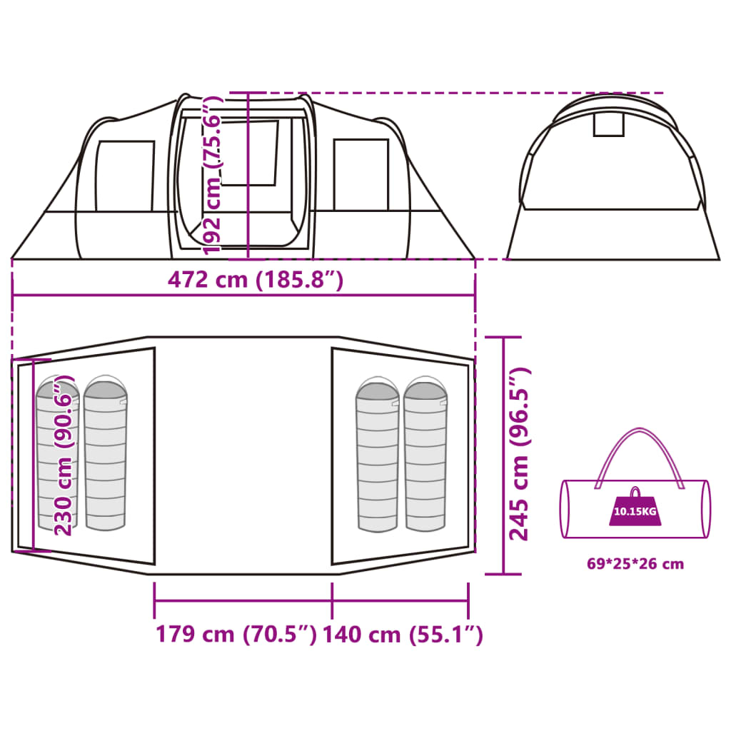 vidaXL Tente de camping tunnel 4 personnes vert olive imperméable