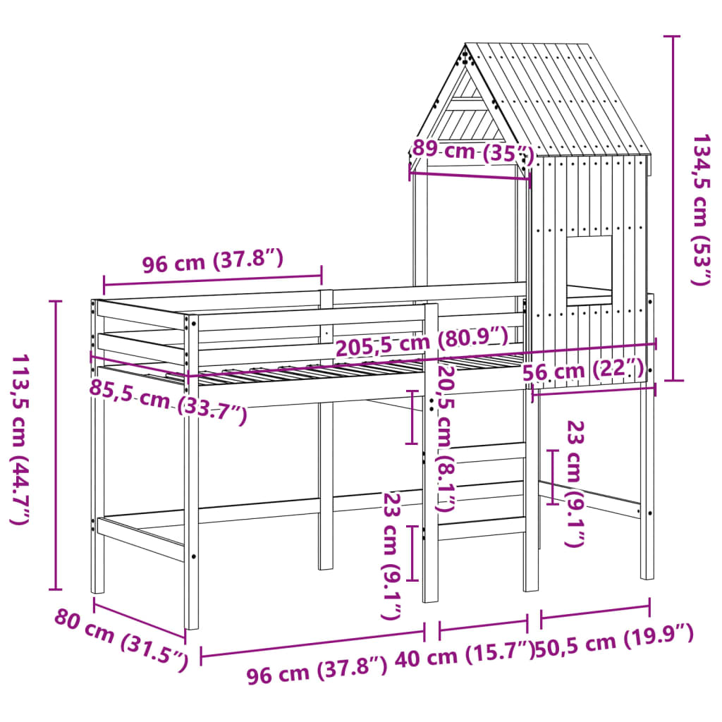 vidaXL Lit superposé et échelle et toit blanc 80x200cm bois pin massif