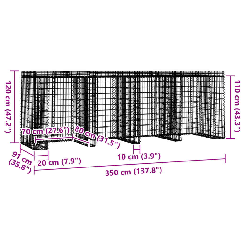 vidaXL Mur de gabion pour poubelle 350x91x120 cm fer galvanisé