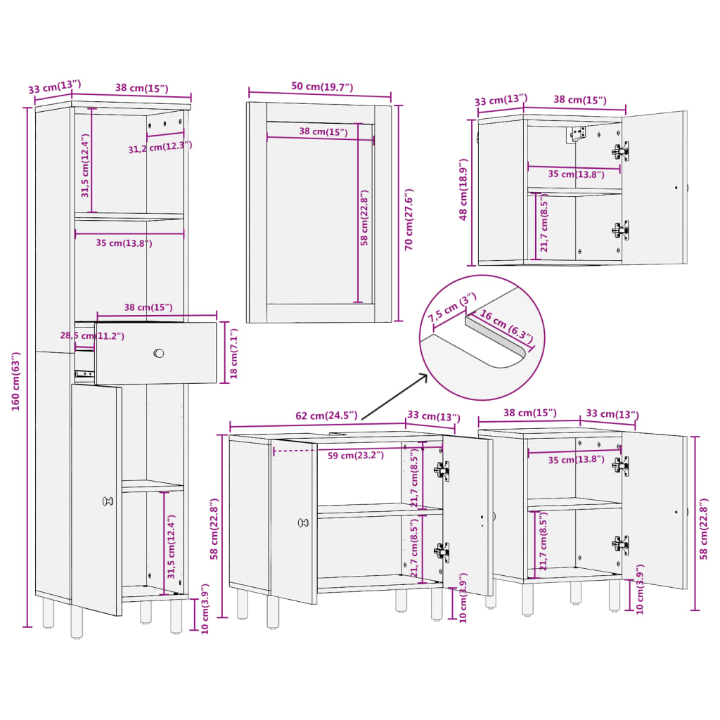 vidaXL Ensemble d'armoires de salle de bain 5 pcs bois manguier massif