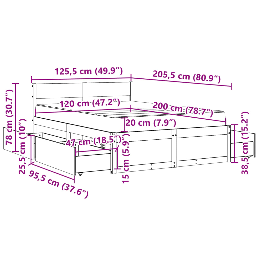 vidaXL Lit avec tiroirs et matelas 120x200 cm bois massif de pin