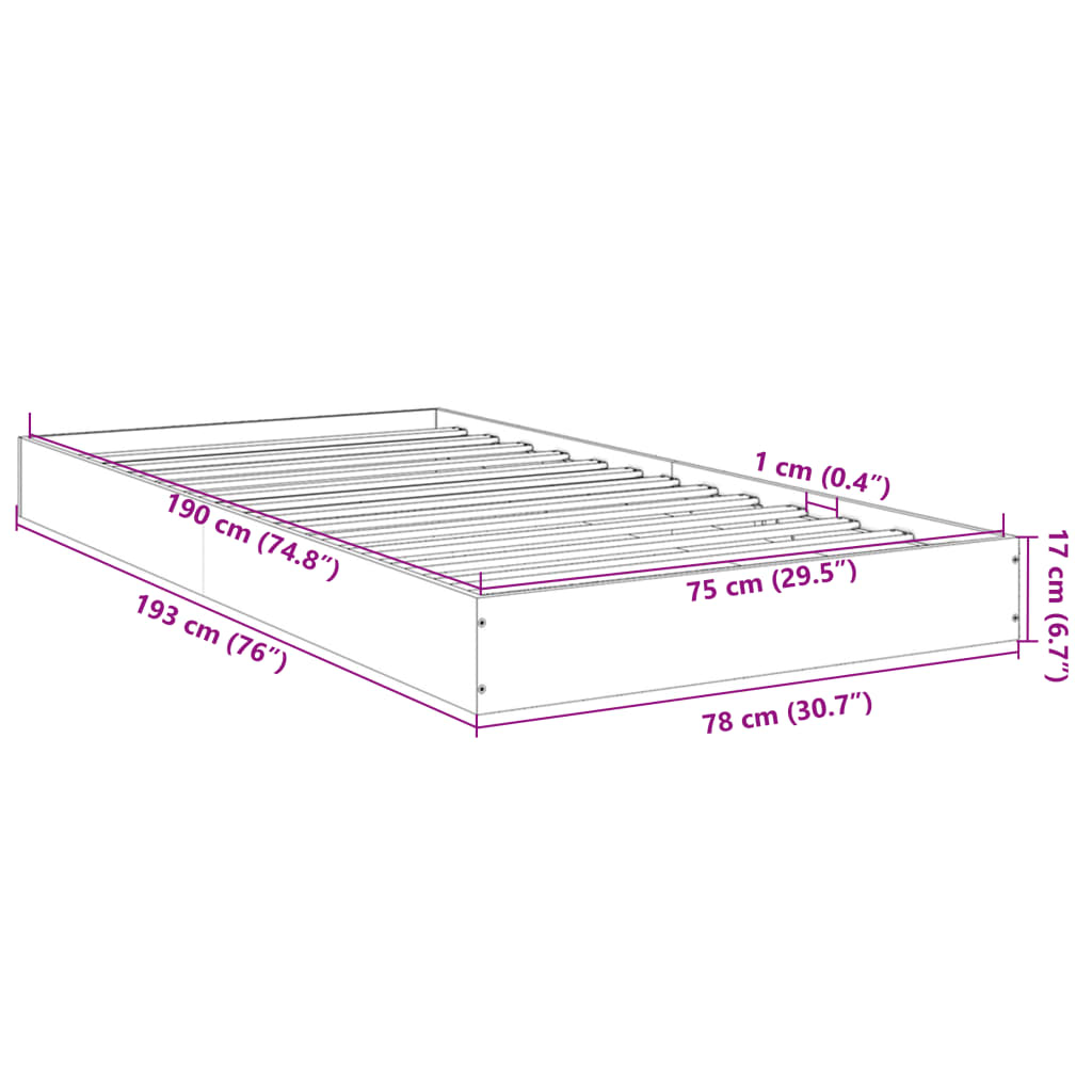 vidaXL Cadre de lit sonoma gris 75x190 cm bois d'ingénierie