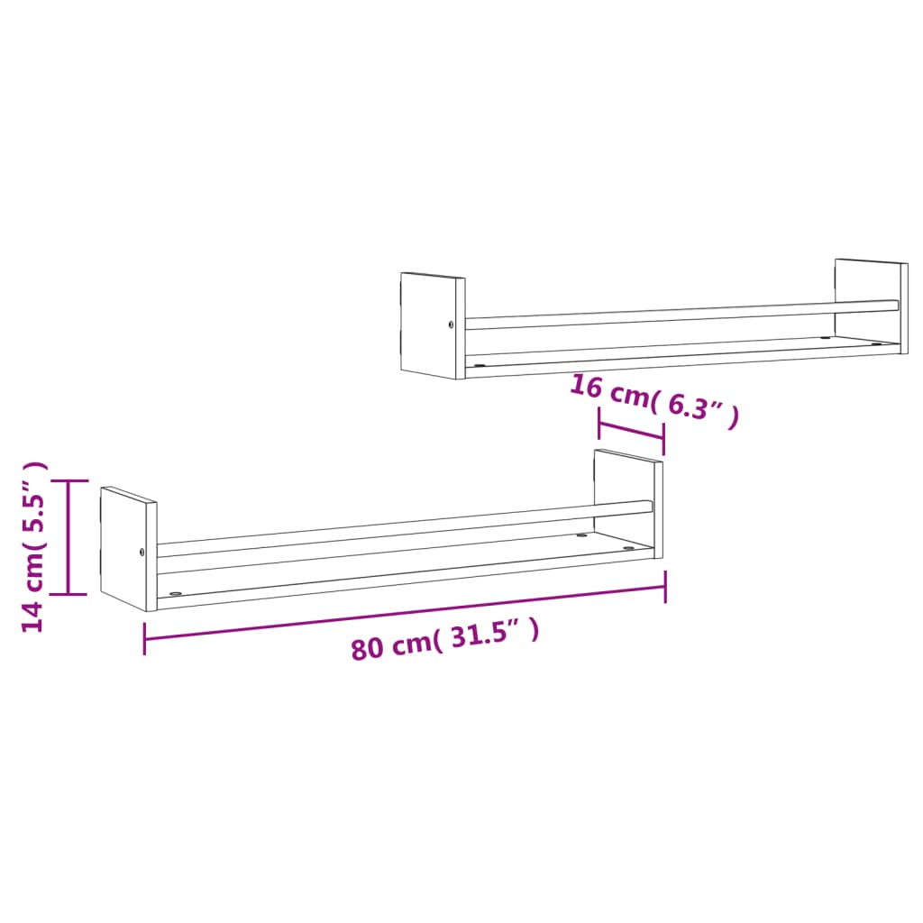 vidaXL Étagères murales avec barres 2 pcs chêne sonoma 80x16x14 cm