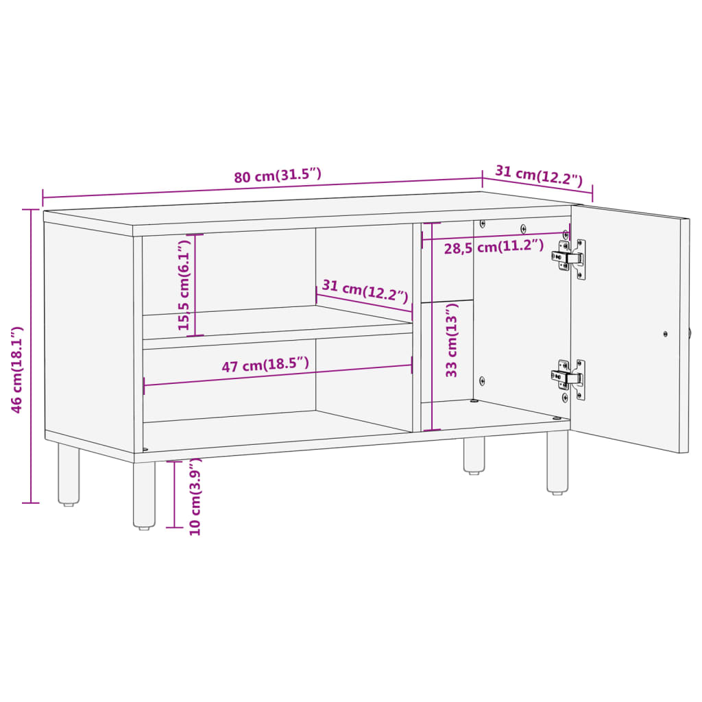 vidaXL Meuble TV 80x31x46 cm bois massif de manguier