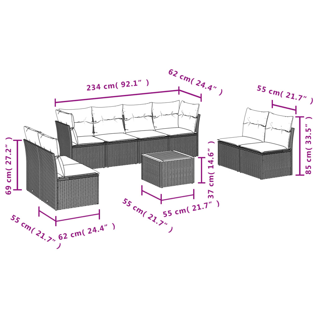 vidaXL Salon de jardin 9 pcs avec coussins noir résine tressée