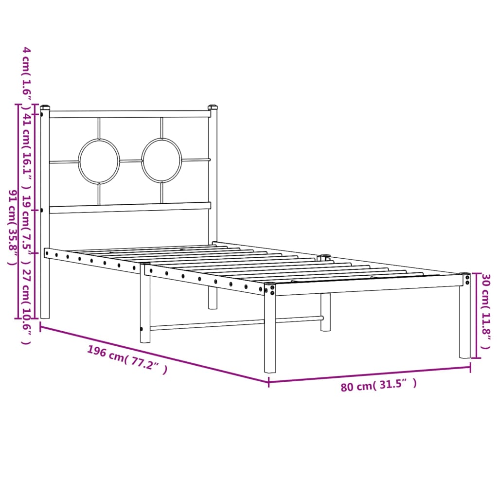 vidaXL Cadre de lit métal sans matelas avec tête de lit noir 75x190 cm