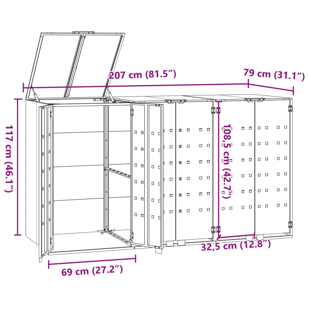 vidaXL Rangement à roulettes pour poubelles pour 3 bacs gris acier