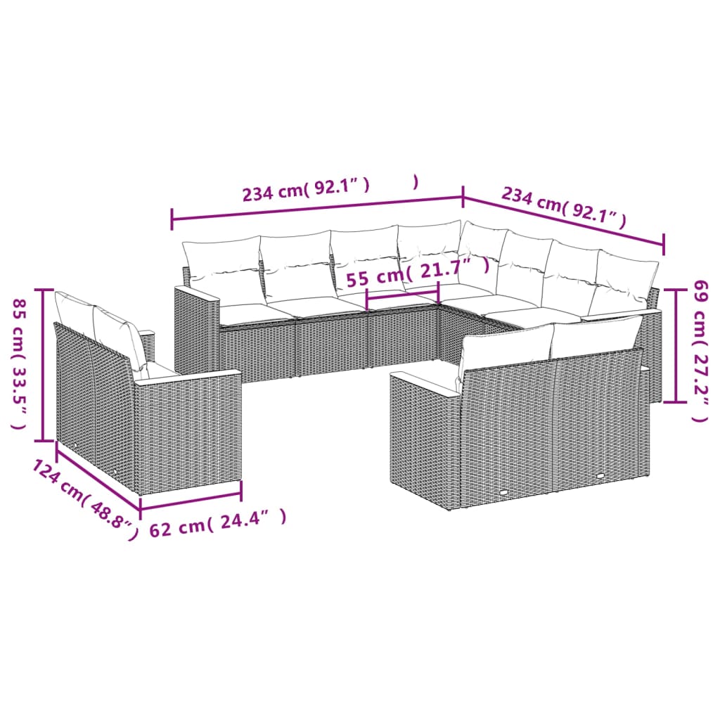 vidaXL Salon de jardin 11 pcs avec coussins noir résine tressée