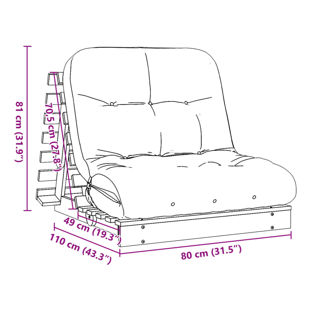 vidaXL Canapé-lit futon avec matelas 80x206x11 cm bois de pin imprégné