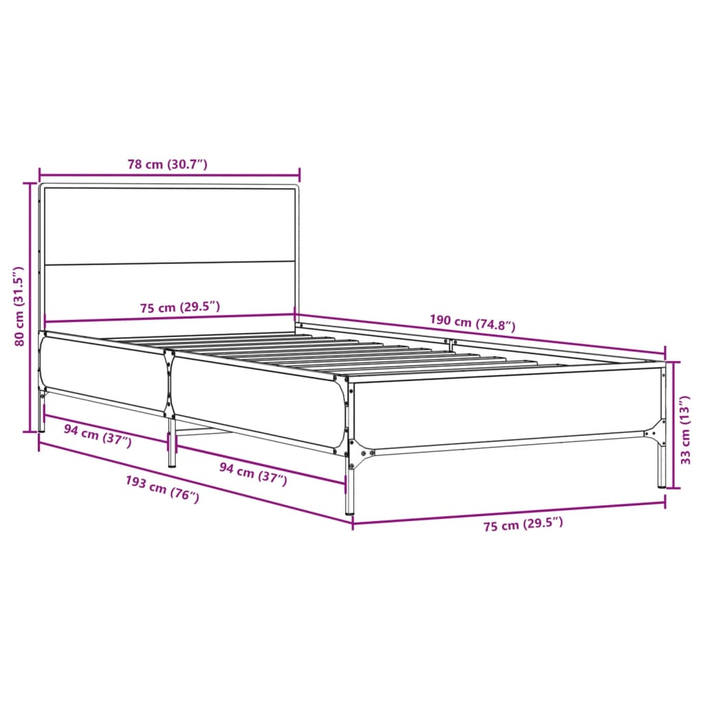 vidaXL Cadre de lit chêne fumé 75x190 cm bois d'ingénierie et métal