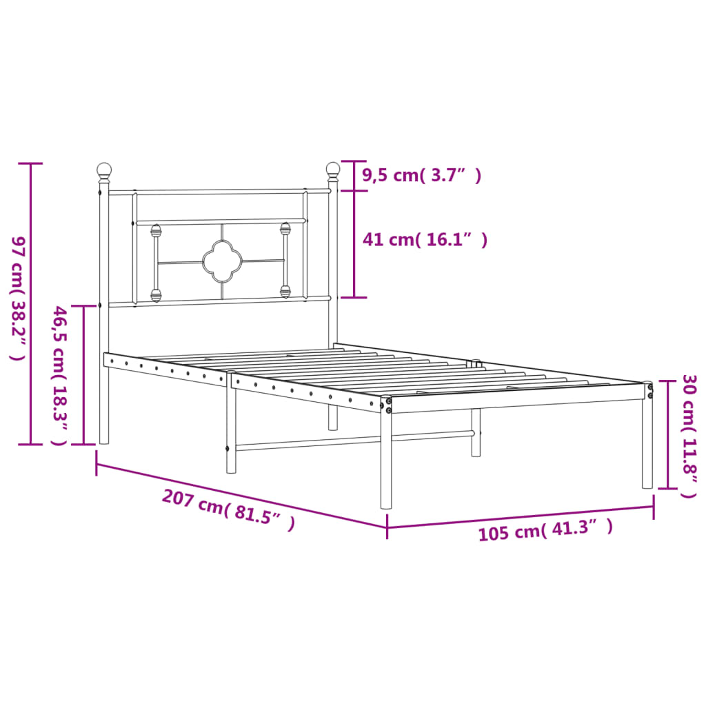 vidaXL Cadre de lit métal sans matelas avec tête de lit noir 100x200cm