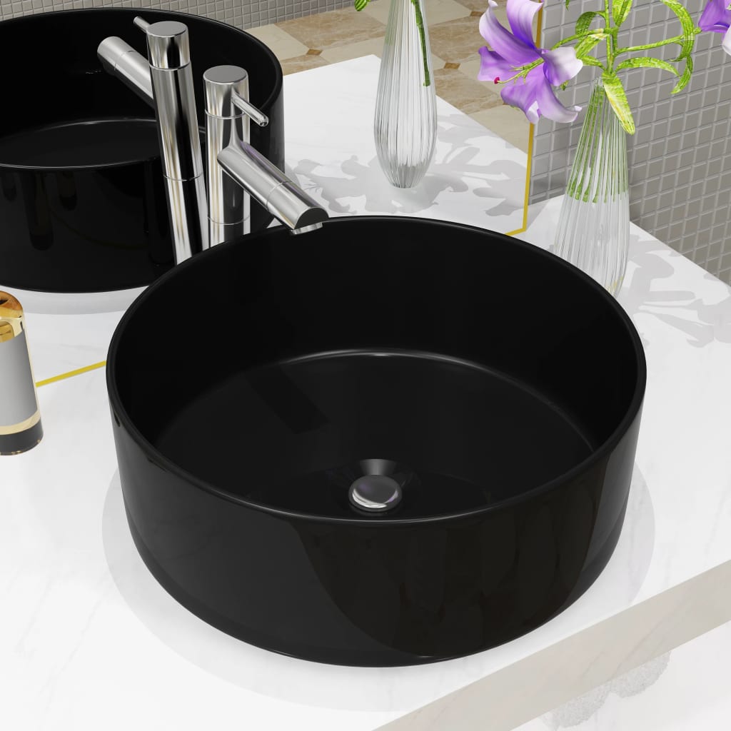 vidaXL Lavabo rond Céramique Noir 40 x 15 cm