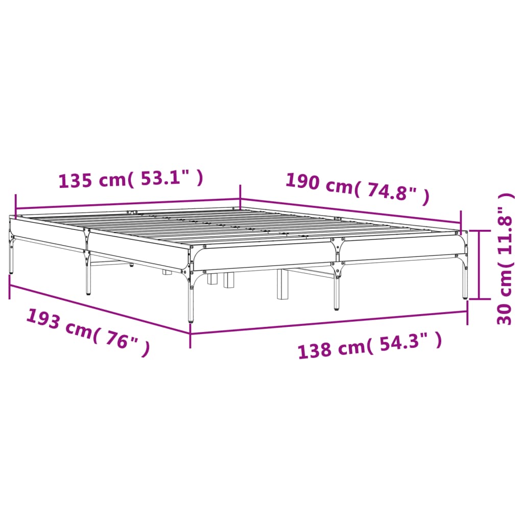 vidaXL Cadre de lit chêne fumé 135x190 cm bois d'ingénierie et métal