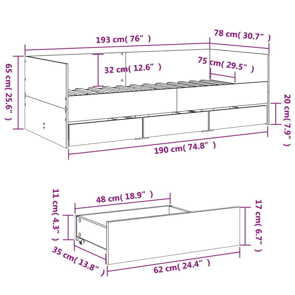 vidaXL Lit de jour avec tiroirs sans matelas chêne sonoma 75x190 cm