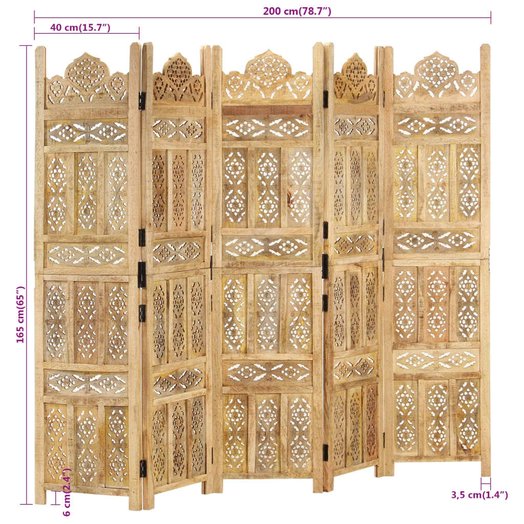 vidaXL Cloison de séparation 5 panneaux 200x165 cm Bois de manguier