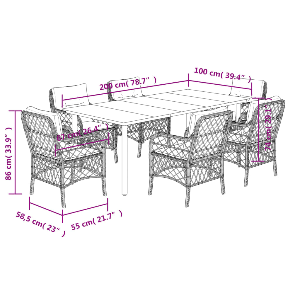 vidaXL Ensemble à manger de jardin et coussins 7 pcs gris clair rotin