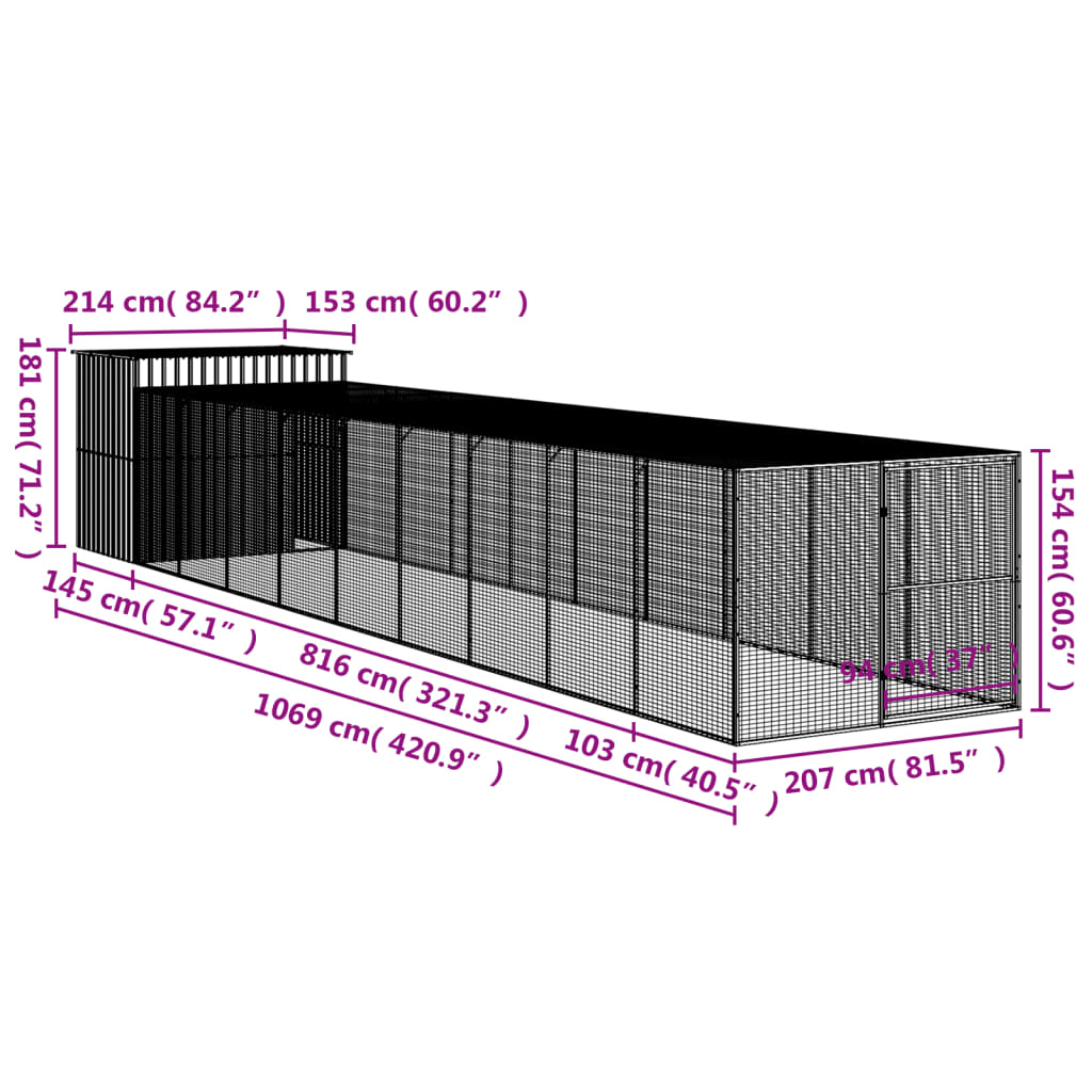 vidaXL Niche pour chien avec cour anthracite 214x1069x181 cm