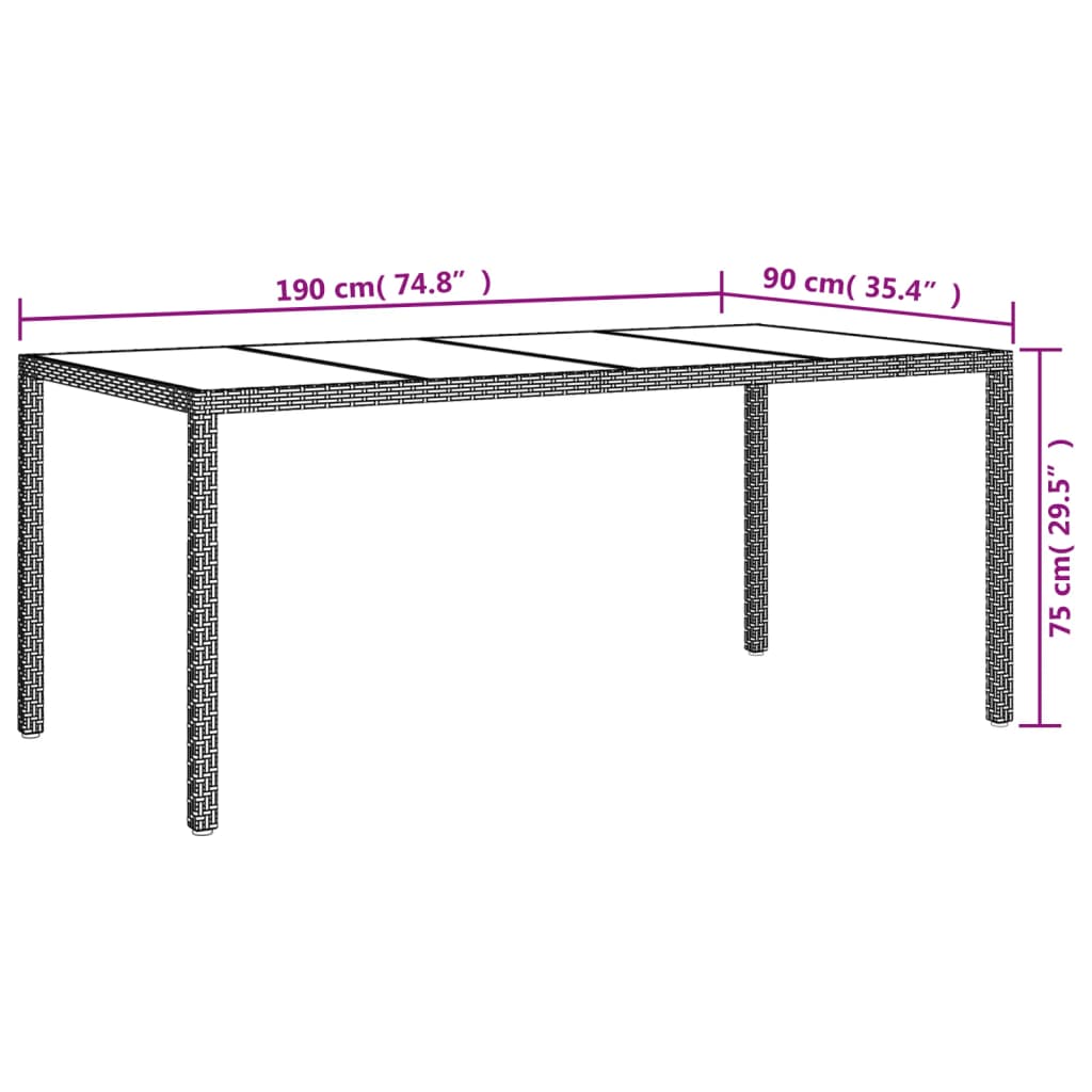 vidaXL Table de jardin Gris 190x90x75 cm Verre trempé/résine tressée