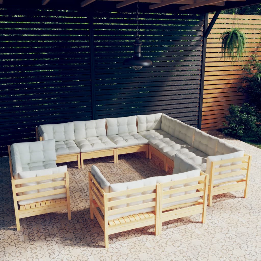 vidaXL Salon de jardin 11 pcs avec coussins crème Bois de pin solide