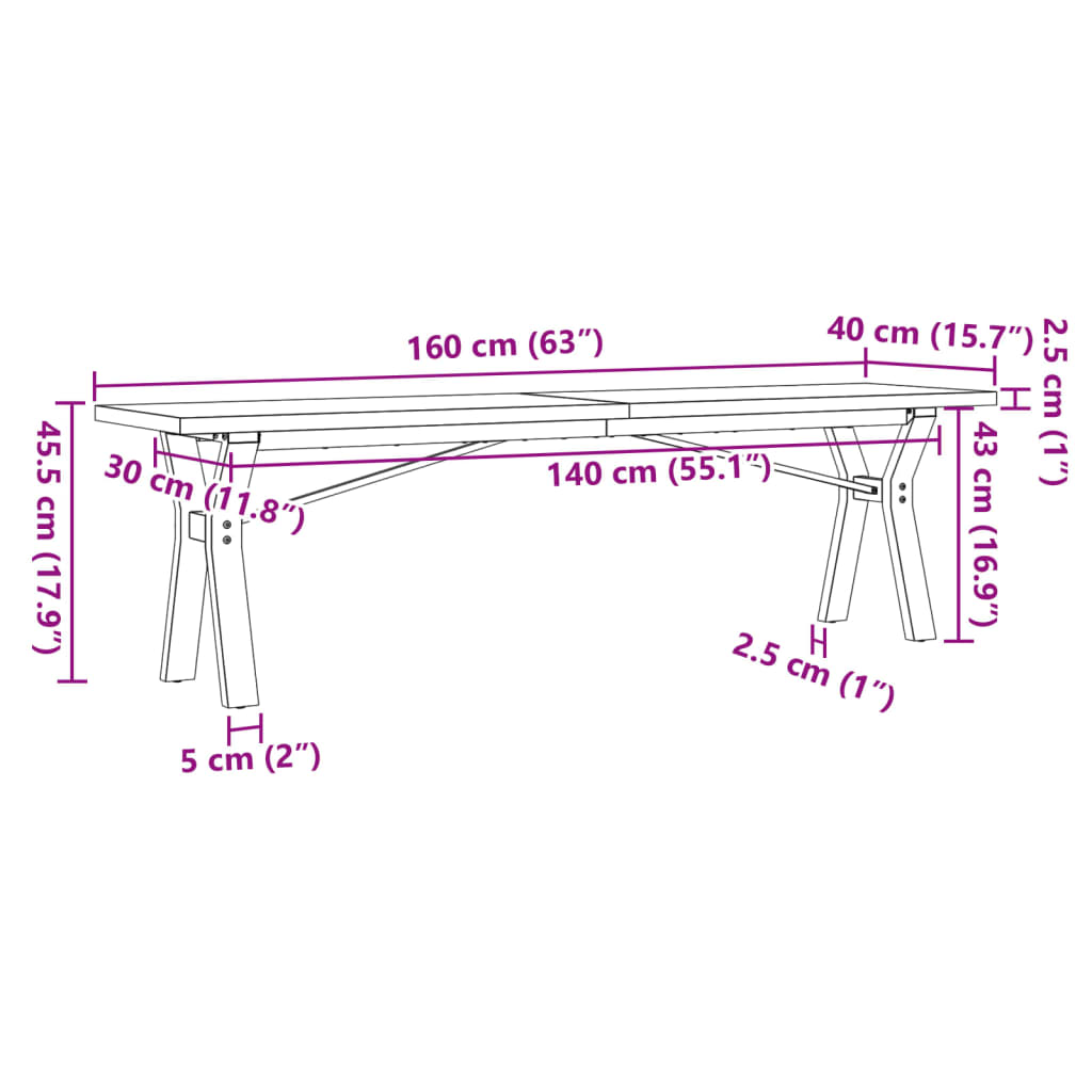 vidaXL Table basse cadre en Y 160x40x45,5 cm bois de pin massif acier