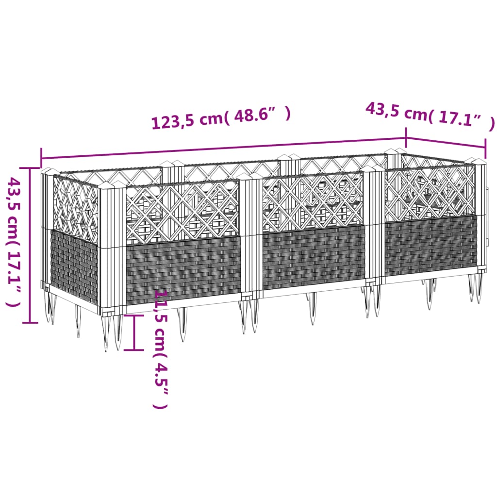 vidaXL Jardinière avec piquets gris 123,5x43,5x43,5 cm PP