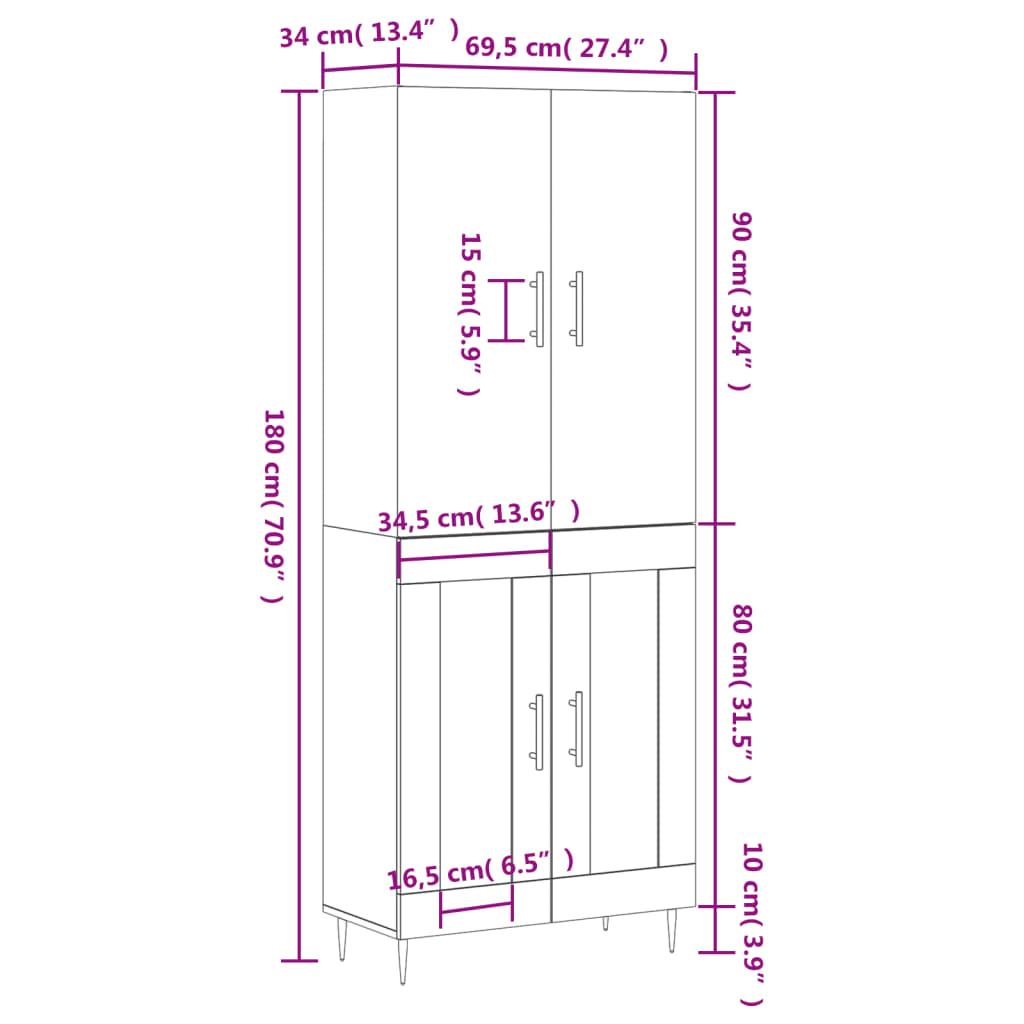 vidaXL Buffet haut Sonoma gris 69,5x34x180 cm Bois d'ingénierie