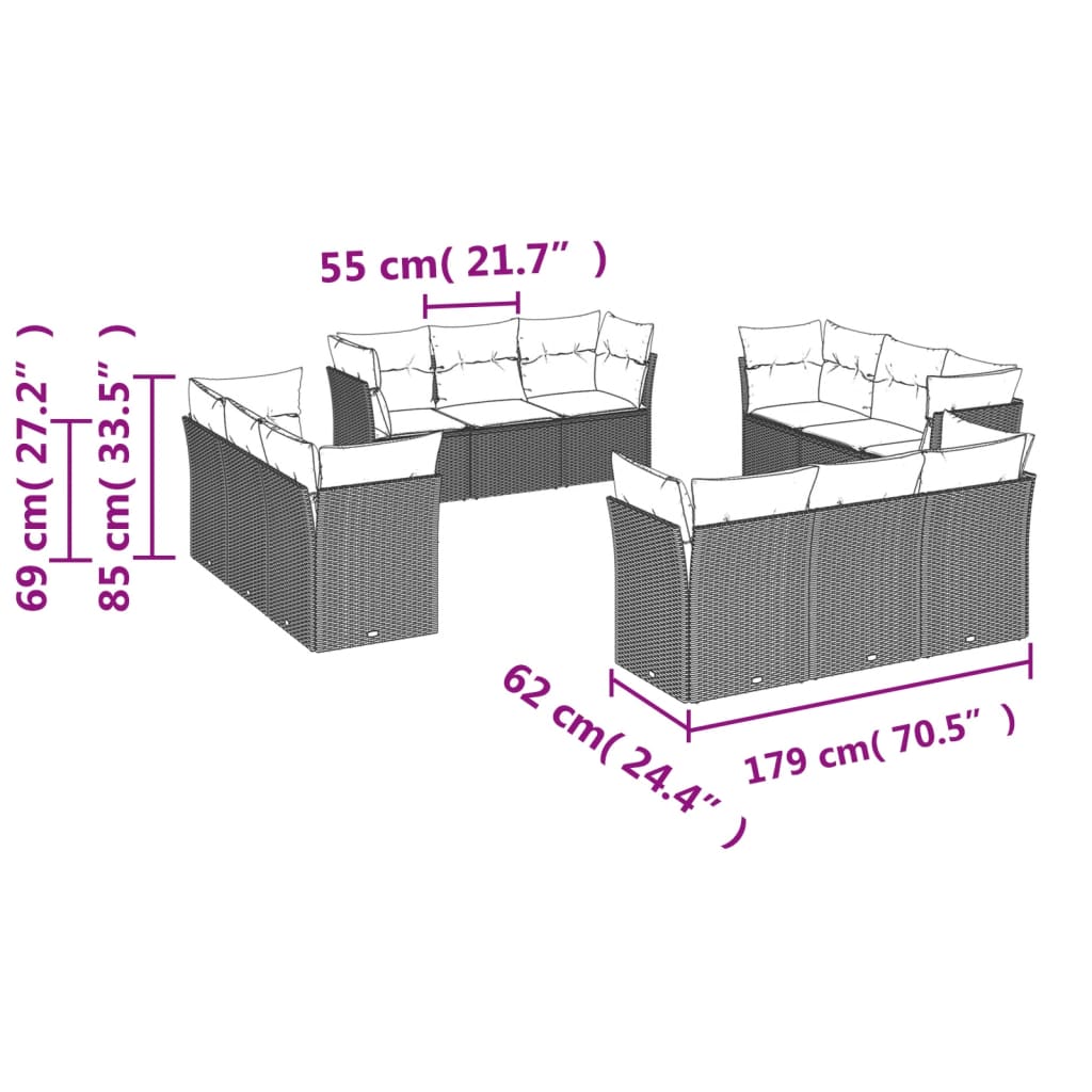 vidaXL Salon de jardin avec coussins 12 pcs beige résine tressée