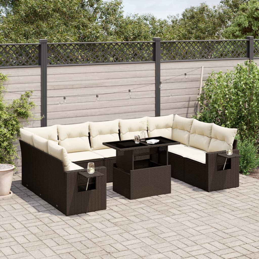 vidaXL Salon de jardin 10 pcs avec coussins marron résine tressée