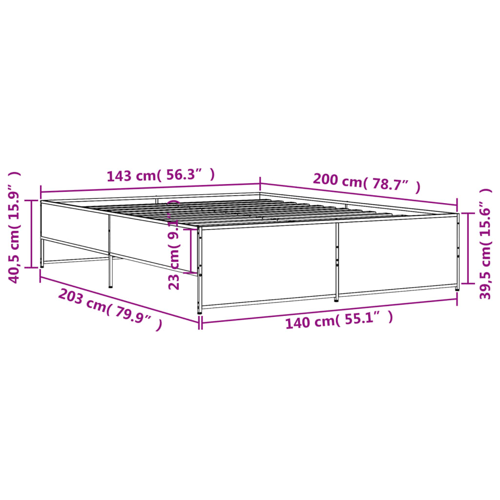 vidaXL Cadre de lit chêne fumé 140x200 cm bois d'ingénierie et métal