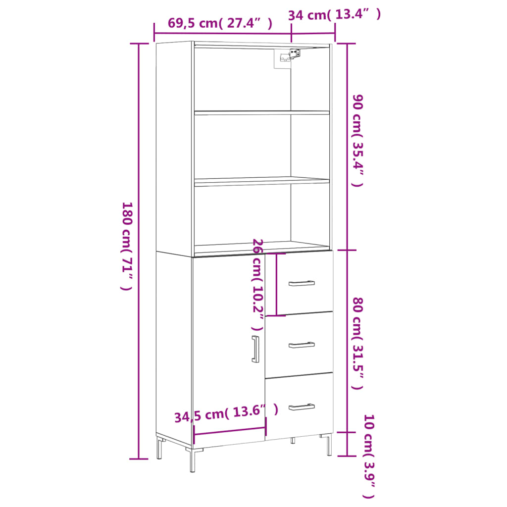 vidaXL Buffet haut Gris béton 69,5x34x180 cm Bois d'ingénierie