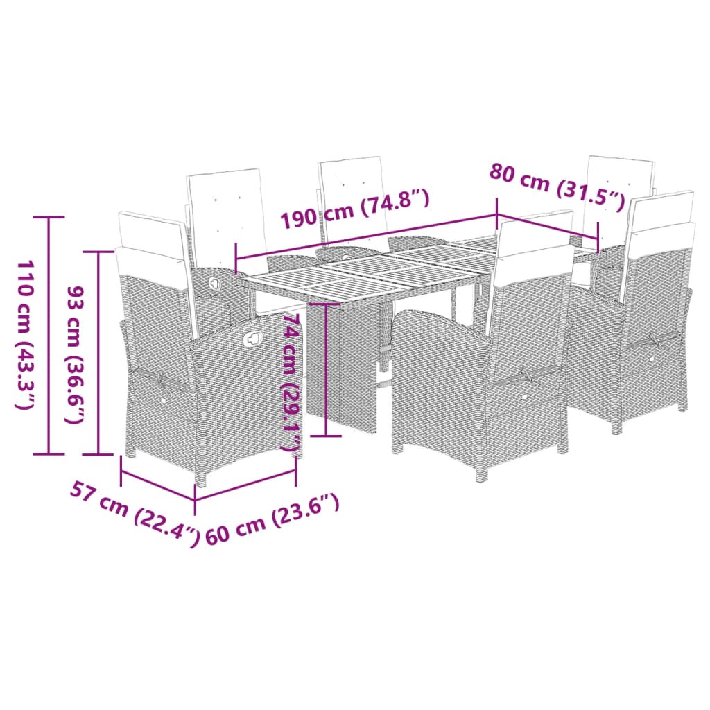 vidaXL Ensemble à manger de jardin coussins 7pcs Noir Résine tressée