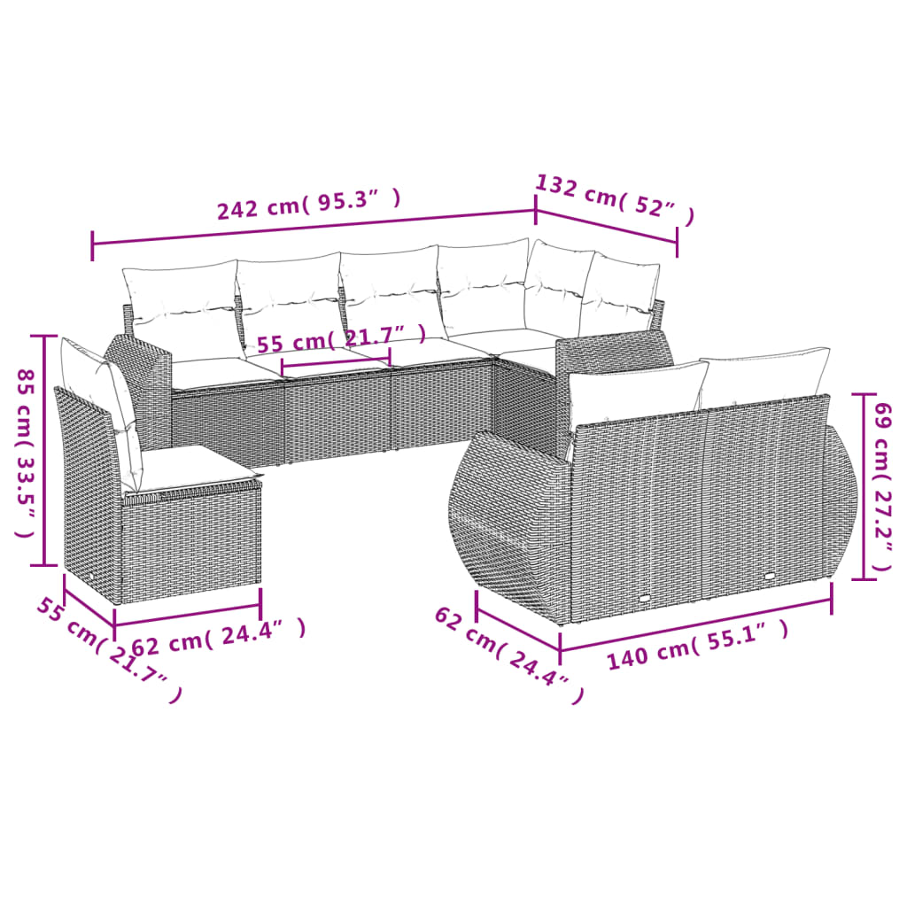 vidaXL Salon de jardin 8 pcs avec coussins noir résine tressée