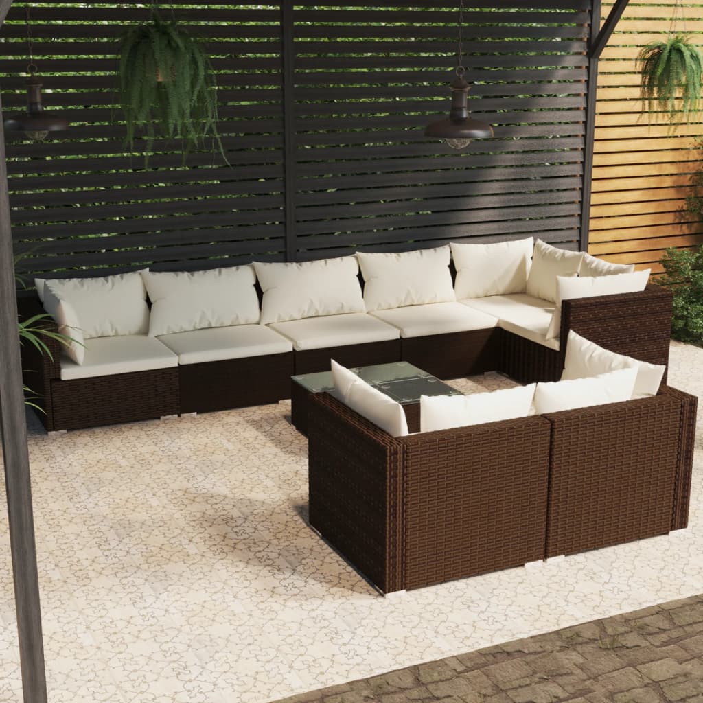 vidaXL Salon de jardin avec coussins 9 pcs marron résine tressée